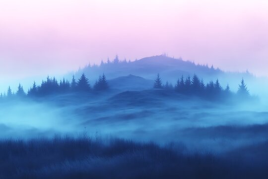 Misty mountain landscape at dawn.