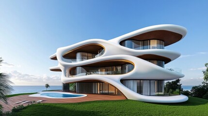 Fototapeta premium Modern architectural masterpiece with organic shapes and ocean view