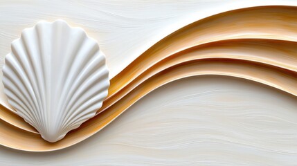 A white seashell with a gold rim is placed on a white surface with a gold wave pattern.