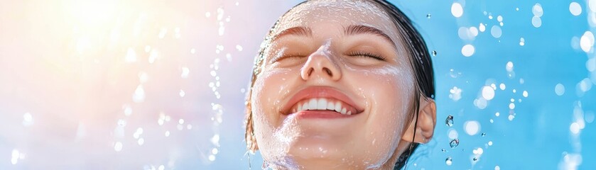 Fototapeta premium Radiant young woman smiling brightly with sunlight and water droplets surrounding her, exuding joy and freshness