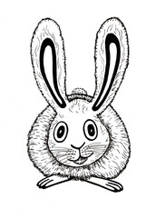 Illustration of a rabbit in black outline. Isolated on a white background. Doodle. Looking at us. Long ears. The texture of the fur is drawn with thin lines. Smiling. Monochrome.