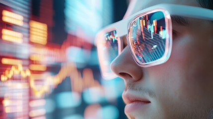 close up of person wearing augmented reality glasses, reflecting holographic financial charts and data, symbolizing futuristic trading and technology integration