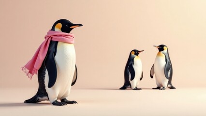 Obraz premium A stylish penguin, adorned in a soft pink scarf, stands apart from a pair of penguins, creating a charming winter scene on a delicate peach backdrop.