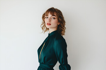 Emerald Elegance: A young woman with shoulder-length curly hair, wearing an elegant emerald green dress, gazes confidently over her shoulder. © Tengkwa