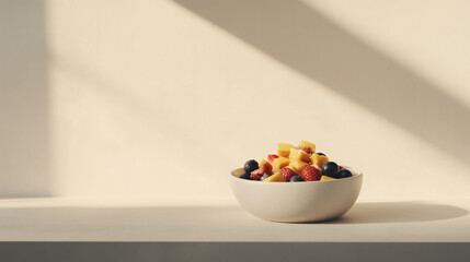 Fresh fruit salad in a bowl, sunlit scene