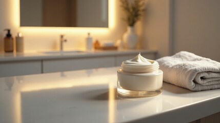Luxurious Skincare Cream in Glass Jar on Bathroom Counter Beside Soft Towel in Soft Light