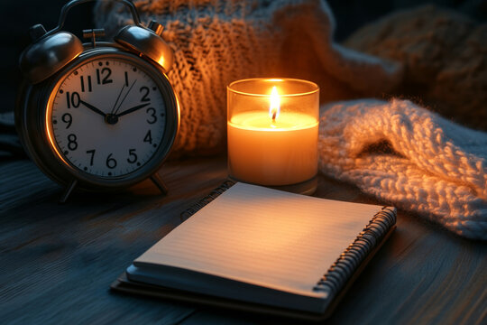 Soft candlelight enhances a comfortable setting featuring an analog clock and an open journal, inviting moments of tranquility and personal reflection during the evening hours
