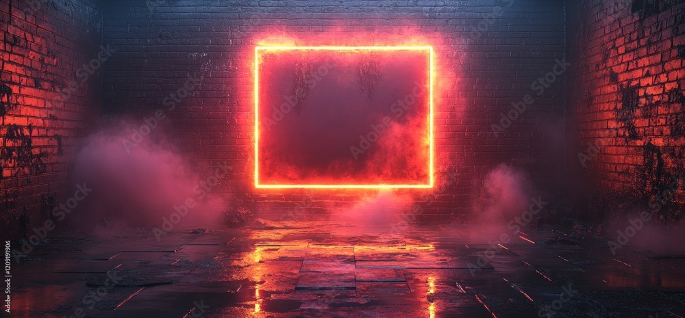Aufkleber neon glowing room with futuristic rectangle frame in gritty brick background and reflective floor fo