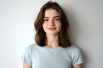 Obraz premium Gentle Smile: A young woman with long, wavy brown hair, sporting a casual light blue tee, smiles softly and radiantly, her gaze directed at the camera. Her expression is one of pure.