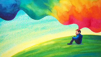 human man meditate body mind mental health conscious yoga chakra spiritual holistic healing breath peace abstract imagine emotion energy meditation world universe watercolor painting illustration art