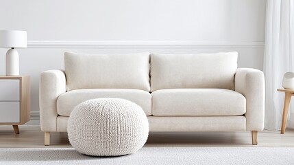 Modern cream sofa and ottoman in minimalist living room.  Home decor, interior design