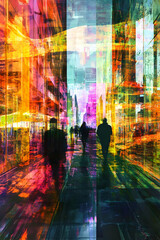 Fototapeta premium Abstract urban scene with vibrant colors and silhouettes of people walking.