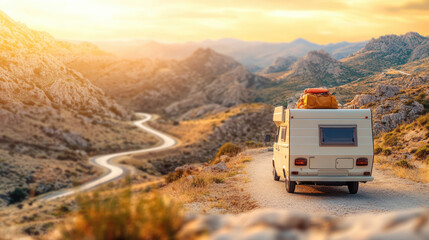 vintage camper van parked on scenic mountain road at sunset, with winding path leading through rugged terrain, evoking sense of adventure and freedom