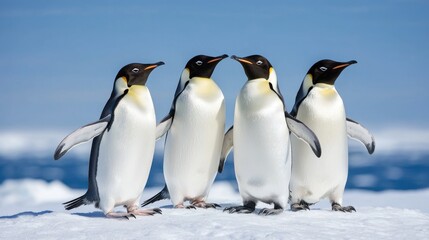 Naklejka premium Playful emperor penguins gathering on ice antarctica wildlife photography cold environment close-up view animal behavior