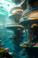 Underwater futuristic structures surrounded by vibrant marine life and corals.