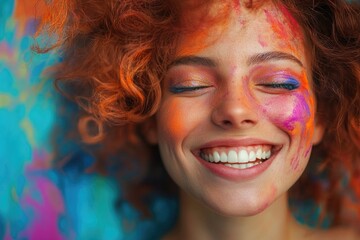 Obraz premium A joyful woman with vibrant paint splashes on her face