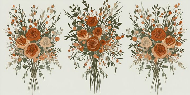 Rustic Autumnal Bouquet Trio: Three richly hued bouquets of autumnal roses and foliage, rendered in a charming, painterly style, offer a rustic elegance. Perfect for fall weddings, home decor.