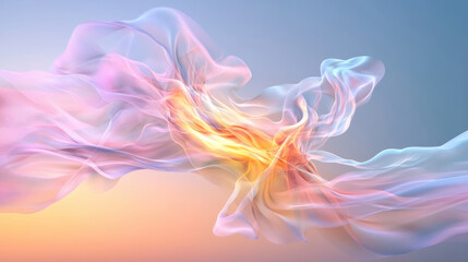 Obraz premium Abstract artistic rendering of soft swirling clouds in pastel hues, blending warm and cool tones with dreamy, ethereal effect. fluid motion evokes sense of calm and wonder