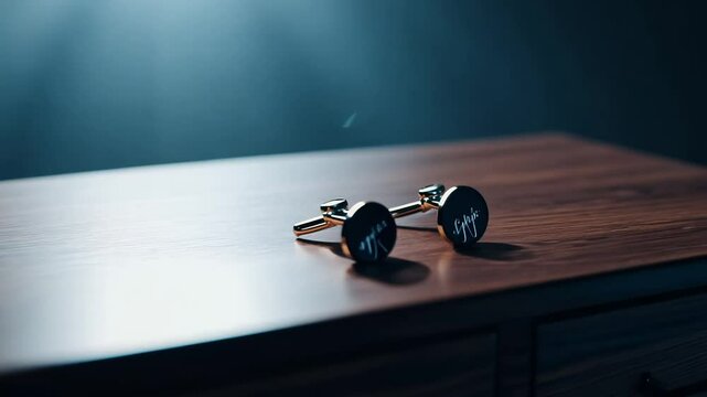 Slow zoom out video, close-up of a groom's stylish cufflinks on a dark wooden dresser, rim lighting highlighting their metallic sheen