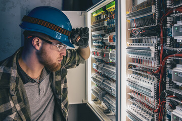 A male electrician works in a switchboard in overalls against the backdrop of emergency lighting.