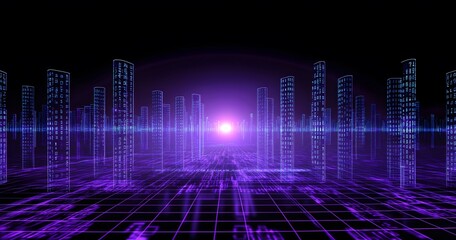 An infinite futuristic cityscape made of glowing purple and blue wire frame structures, forming digital skyscrapers, atmosphere technology