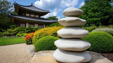 Serene Stone Stack in Tranquil Garden with Traditional Architecture