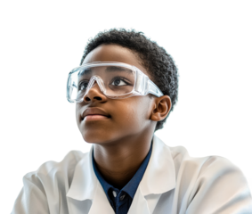 Young scientist wearing safety goggles shows curiosity during an experiment in the lab isolated on transparent background