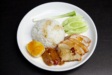 Close-up view of Barbecue Pork Rice in plate