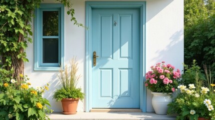 Serene Entrance A Pastel Blue Door Framed by Lush Greenery and Blooming Flowers in Elegant Planters