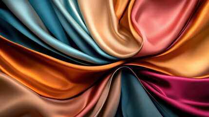 vibrant abstract composition of flowing silk like folds in rich colors, including orange, gold, teal, and magenta, creating luxurious and dynamic visual effect