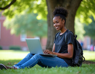 Young African American college student sitting outdoors under a tree and using laptop on campus premises