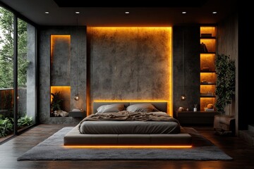 Luxury Modern Black Bedroom Interior Design with City Night View