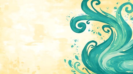 Abstract Teal Wave Design on Pale Yellow Background