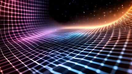 vibrant digital grid with glowing lines in futuristic abstract design, featuring dynamic wave like pattern and gradient of colors from purple to orange, evoking sense of technology and innovation