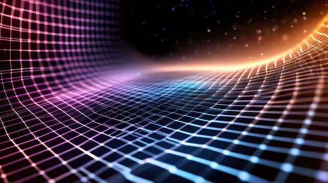 vibrant digital grid with glowing lines in futuristic abstract design, featuring dynamic wave like pattern and gradient of colors from purple to orange, evoking sense of technology and innovation