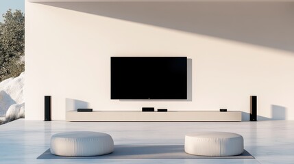 A spacious living room features a large flat-screen TV mounted on the wall, enhancing the modern aesthetic and entertainment experience.