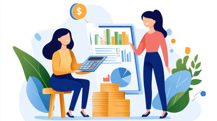 Two women discussing financial data with charts, graphs, and calculator, surrounded by coins and abstract leaves, symbolizing budgeting and investment planning