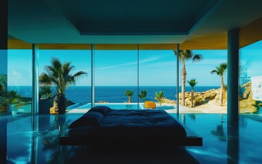 Fototapeta premium A serene bedroom featuring a stunning ocean view framed by lush palm trees, creating a tranquil and inviting atmosphere for relaxation.