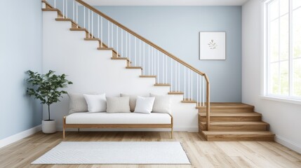 Fototapeta premium A cozy room features a couch and a chair, elegantly arranged near a staircase, creating a welcoming atmosphere for relaxation and conversation.