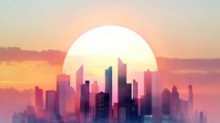 Obraz premium futuristic cityscape silhouette with glowing skyscrapers is set against vibrant sunset, blending warm hues of orange, pink, and yellow with serene atmosphere