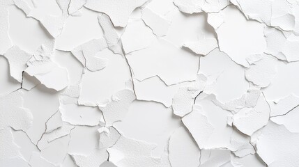 Fototapeta premium Peeling white paint cracks and flakes on a damaged wall surface, creating a textured abstract background.
