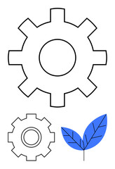 Minimalist gears in black outline paired with a blue leaf. Ideal for innovation, eco-technology, sustainability, engineering, renewable energy, green initiatives, abstract line flat metaphor