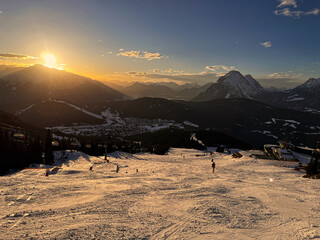 Sunset in the ski resort Rosshütte close to the village of Seefeld in Tyrol in winter