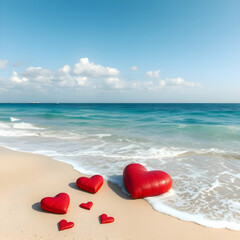 Fototapeta premium Red Hearts Scattered on a Sandy Beach with Blue Ocean Background AI Image