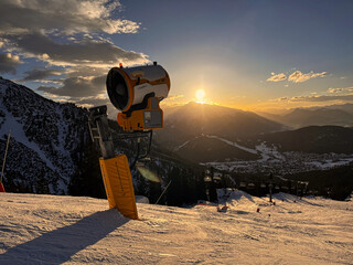 Sunset in the ski resort Rosshütte close to the village of Seefeld in Tyrol in winter
