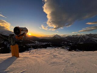 Sunset in the ski resort Rosshütte close to the village of Seefeld in Tyrol in winter