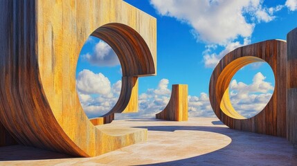Abstract Geometric Sculptures Against Bright Blue Sky with Clouds