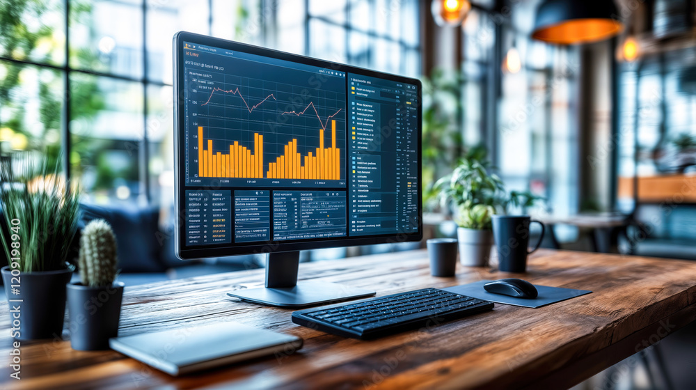 Poster modern workspace with gdpr-compliant analytics display on monitor for data privacy