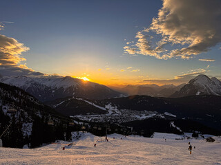 Sunset in the ski resort Rosshütte close to the village of Seefeld in Tyrol in winter