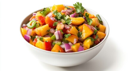 A bowl of tangy peach salsa with diced peaches, bell peppers, red onions